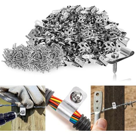 200 Pièces Pince de Fixation Acier pour Clôture Agricoles, Clips pour Clôture Agricoles en Acier Inoxydable avec Vis pour Fil Soudé Sur Clôture en Bois, Métal ou Vinyle (1/5)