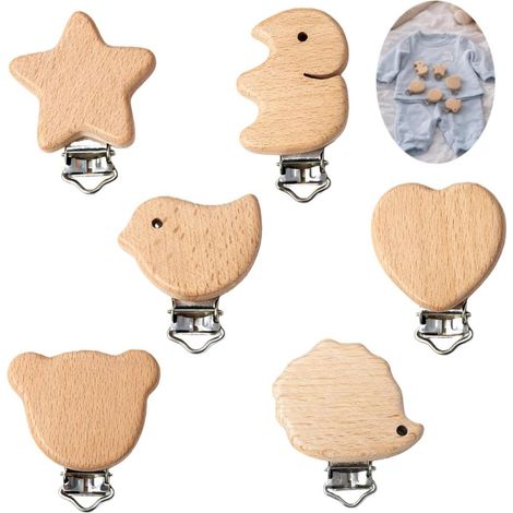 6er Pack Clips Naturmaterial, Metallverschluss, Haar-Kleidungs-Organisation, Buero Kueche, stabil Holz (1/2)