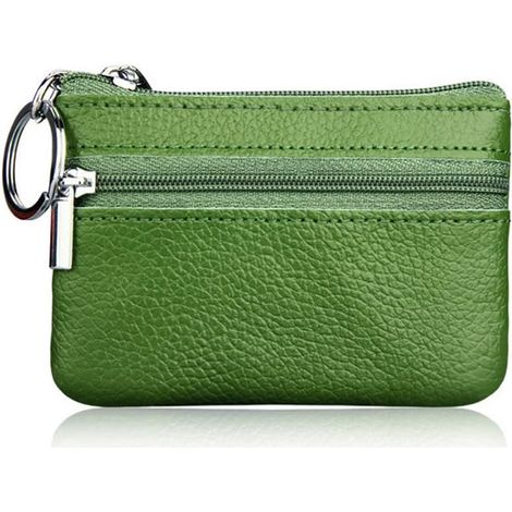 Mini portefeuille zippé minimaliste en cuir pour femme avec porte-clés (vert), (1/2)
