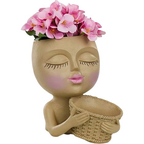 [Maceta] Maceta decorativa, resina, cara beige, bonita, 420 g con orificio de drenaje, 15 x 17 x 18 cm (1/5)