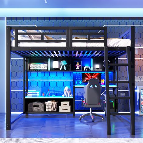 Lit mezzanine gaming 2 places 140 x 200 cm en métal noir, bureau intégré, éclairage LED RGB, étagères de rangement latérales, garde-corps (1/5)