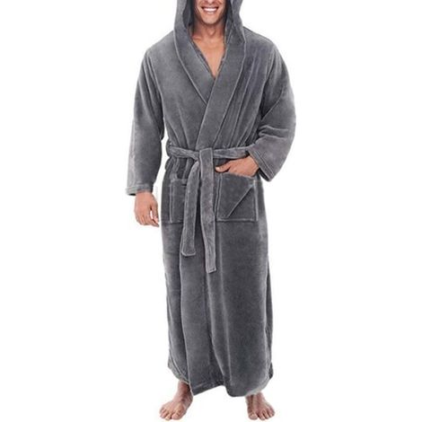 Peignoir de bain lounge à manches longues et capuche pour homme, gris, taille 3XL, doux et confortable, robe de chambre moelleuse (1/3)