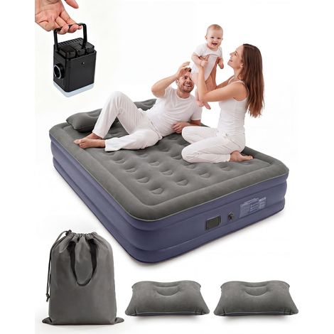 Double Inflatable Mattress 203 x 152 x 40 cm, 40 Air Chambers, Maximum Load 300 kg, Soft Flocked Surface, Inflatable Mattress with Carry Bag and 2 Pillows, Ideal for Guests at Home, Camping, Grey Blue (1/5)