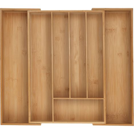 Relaxdays Cutlery Tray, 5-7 Compartments, 6 x 34-56 x 50 cm, Extendable Drawer Organiser, Bamboo, Kitchen, Natural (1/5)