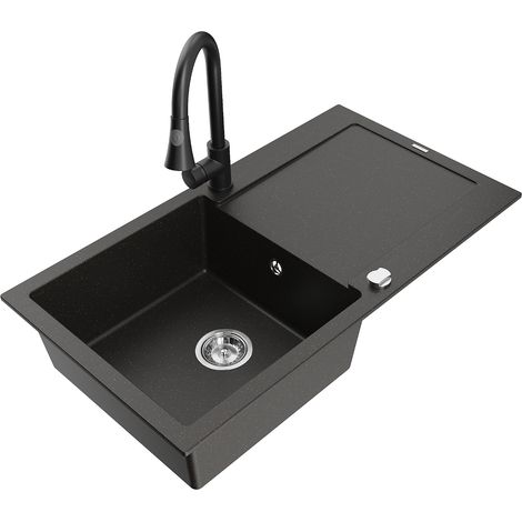 Mexen Leo lavello in granito a 1 vasca con sgocciolatoio e rubinetto da cucina Elia, nero/oro metallizzato - 6501-75-670101-70 (1/5)