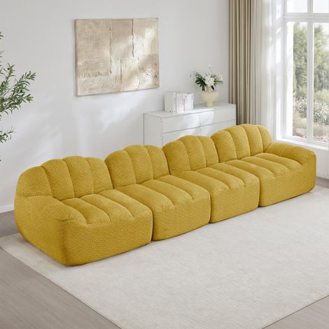 Canapé modulable 4 places, forme coquillage, sans armature, en mousse haute densité 32D, assise profonde, idéal pour le salon, tissu doux, jaune (1/5)