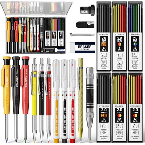 22 Crayons Charpentier avec Taille Crayon 60 Recharges, Poinçon Automatique, Outil de Traçage en Carbure, Gomme et Marqueur pour Trous Profonds Robuste pour Architectes - Étui inclus (1/5)