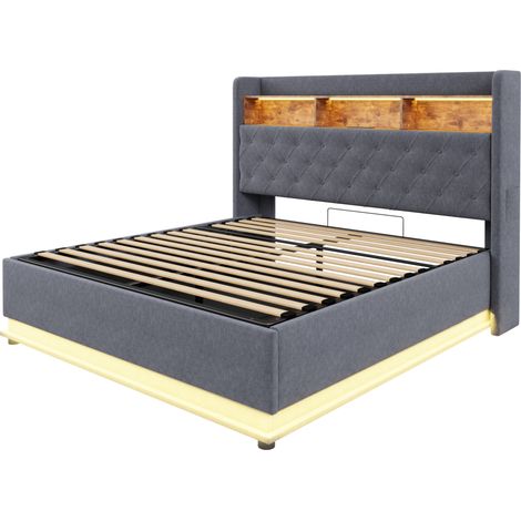 Cama tapizada LED 180 x 200 cm con almacenaje hidráulico y puerto USB HOMVRA, gris (1/5)