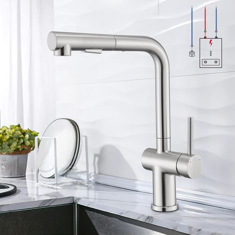 Mitigeur cuisine haut de gamme inox 304 brossé, 2 modes d’eau, douchette extractible, pivot 360°, 3 raccords pour chauffe-eau, kit complet inclus (1/5)