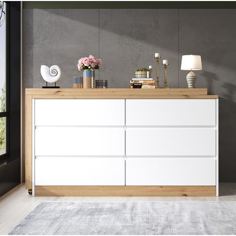 Bureau pivotant multifonction 120 x 50 x 78 cm, 6 tiroirs, blanc et chêne HAVRYA (1/5)