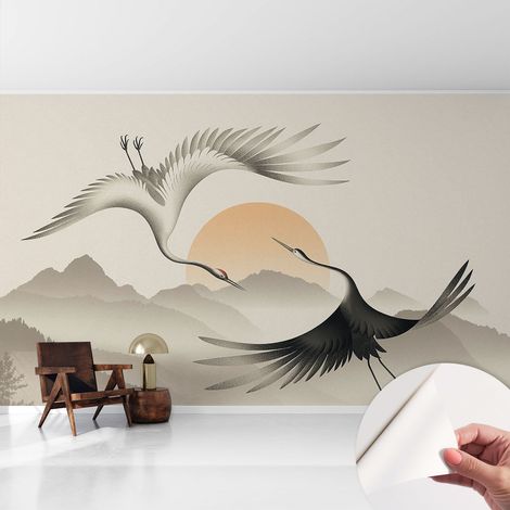 Papier peint adhésif autocollant pour salon chambre à coucher peint imprimé Installation facile Grues de l'Est 416x254 cm (1/5)