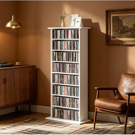 Meuble de rangement CD/DVD blanc, 8 compartiments et 6 étagères réglables, capacité 360 CD ou 185 DVD/Blu-ray, profondeur 24 cm, fixation anti-basculement - CHICFURN (1/5)
