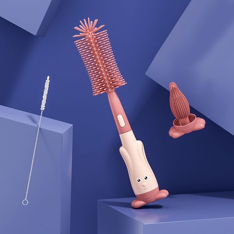 Lot de 3 brosses silicone bébé : goupillon biberon, brosse tétine, brosse paille rotative + pince biberon, rouge Bordeaux, nettoyage biberon (1/3)