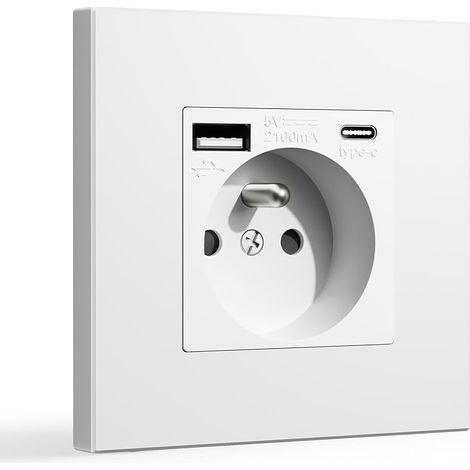Prise Murale avec USB et 1 Type C,16A Prise de Courant Alternatif avec Panneau en Plastique,Multiprise Murale(Max 2.1A),Convient au Smartphone,à la Tablette (1 Prise avec USB et Type C,Blanc) (1/5)