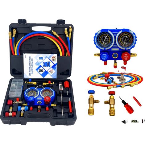 Juego de manómetros para sistema de climatización, manómetros analógicos dobles, estuche de transporte resistente, kit azul de 3 vías. (1/2)