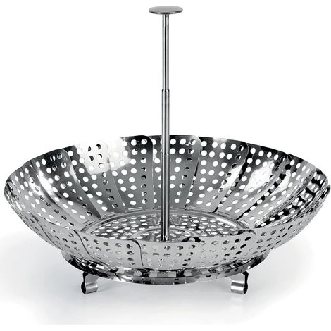 Cestello a vapore manico telescopico, Acciaio inox, ø23 cm, Ideale per cottura a vapore in pentola a pressione e pentola normale. Regolabile. Manico rimovibile+estensibile. (1/4)