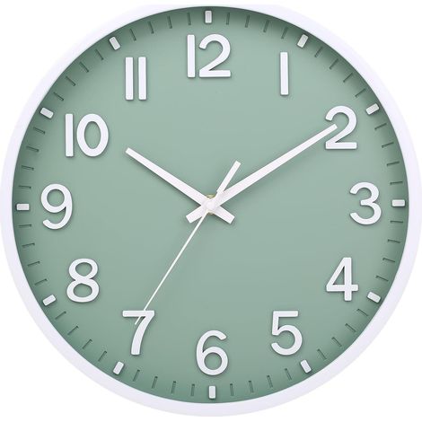Horloges murales à piles 25,4 cm Horloge murale moderne silencieuse sans tic-tac pour décoration de salon, chambre à coucher, cuisine, bureau, salle de classe (Vert Blanc) (1/5)