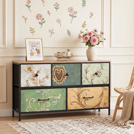 Commode avec 5 tiroirs Vert 100 cm - Meuble de Rangement et poignées noires, motif Vintage, cadre en métal noir, adaptée au salon, chambre à coucher (1/5)