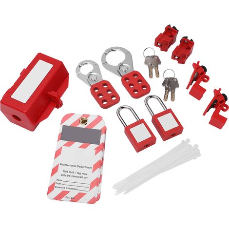 Kit de consignation/étiquetage avec cadenas de sécurité, moraillons, dispositifs de verrouillage de disjoncteur, étiquettes de consignation et sac de transport pour produits chimiques industriels.