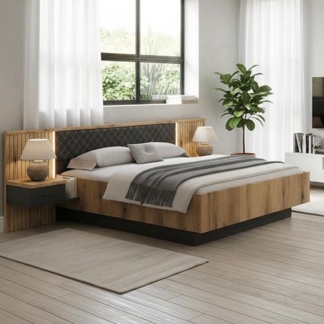 Struttura letto matrimoniale Esteban296 con boiserie dogata, LED e comodini integrati rovere e antracite per rete 180x200 cm