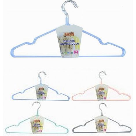 Trade Shop - Set 5pz Grucce Stampelle Appendiabiti Antiscivolo Vestiti 40cm Vari Colori 10457 - (1/2)