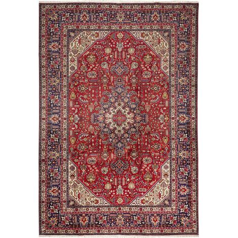 Tapis d'orient, 203 x 295 cm, motif oriental, rouge, beige et bleu, en laine pure nouée main, fabriqué en Iran (1/5)