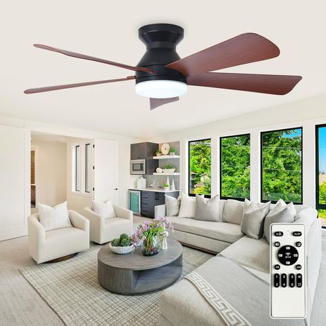 Ventilador de techo moderno con luz: 42 pulgadas, color negro. Ventiladores pequeños: ventiladores de techo regulables con control remoto, 5 aspas reversibles de nogal, 6 velocidades y temporizador. (1/5)
