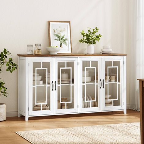 Buffet de cuisine 160 cm blanc avec portes vitrées, plateau effet bois et anti-basculement (1/5)