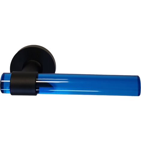 Maniglie per porte in cristallo di plexiglass blu “JOY” con gambe in acciaio inox nero.  Senza rosette di funzione