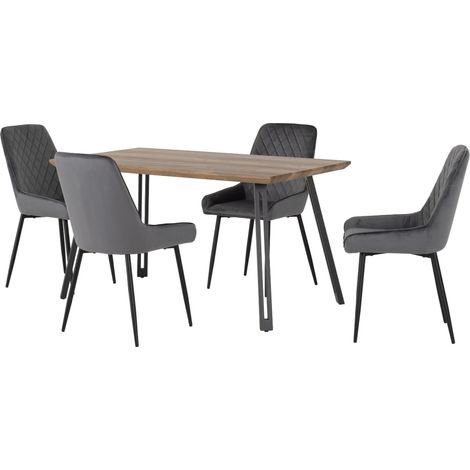Quebec Straight Edge Dining Set with Avery Chairs - Medium Oak Effect/Black/Grey Velvet (1/5)