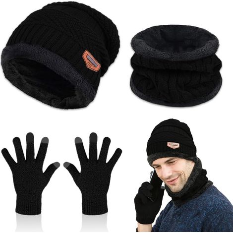 Tricoté Chaud Cache-Cou Extensible, 3 Pièces Bonnet écharpe Gants d'écran Tactile Doublure Molleton Doux Chapeau Bonnet D'hiver Écharpe Ensemble de Gants pour Homme Femme (1/5)
