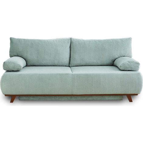 Bestmobilier – Canapé convertible 3 places avec coffre – Velours côtelé bleu – Dossier rabattable – Couchage 140x187 cm – Fabrication Europe