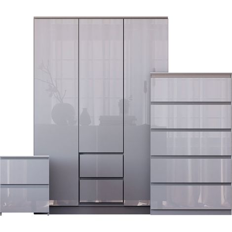 Glinton 3 Piece Bedroom Set (2 Drw Bedside, 5 Drw Chest, 3 Door 2 Drw Wardrobe), Grey (100% FSC) (1/4)