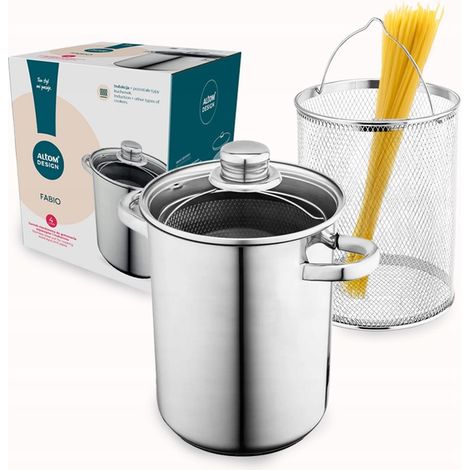 Pentola alta per cuocere spaghetti, con scolapasta, modello Altom 4L, per piano cottura a induzione a gas.