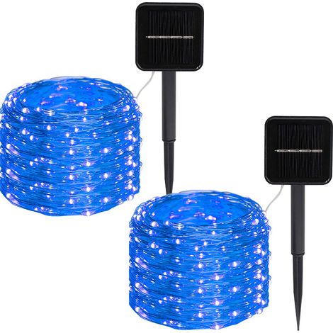 Guirlande lumineuse solaire, guirlande féérique solaire, 12 mètres, 100 LED / 8 modes, fil de cuivre étanche (bleu, lot de 2)-AquaForge (1/5)