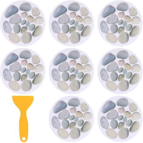 Lot de 8 Autocollants Ronds pour Baignoire, Diamètre 15 cm, Motif Pierre de Bains, Fond de Salle de Bains, Autocollant avec Grattoir, pour Baignoires Douches (1/4)