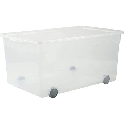 Boîte de rangement 63l avec couvercle et roulettes, Plastique (PP) sans BPA, transparent, 63l (71.5 x 40.0 x 33.5 cm) (1/4)