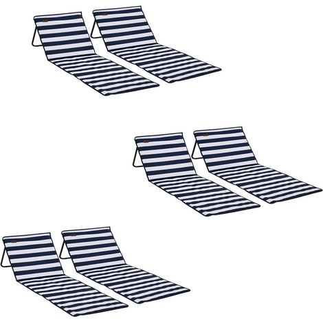 Strandmatte 6er-Set faltbar verstellbar mit Tragetasche und Magazintasche, Stahl und Oxford-Gewebe in Blau und Weiß