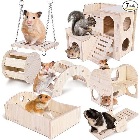 Hamster Toys Set Hamster Toys Hamster Accessories Wooden Guinea Pig Chew Toy Hamster Wheel Swing House Gerbils Rats Dwarf Hamsters Chinchillas (1/5)
