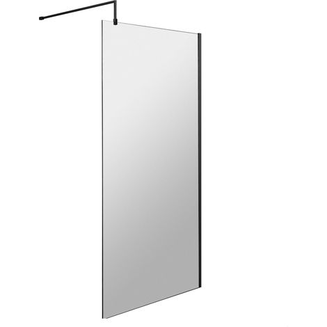 Balterley Blymhill Contemporary Bathroom 8mm Glass Profile Wetroom Screen with Support Bar, Matt Black, 1950 x 900 x 14mm