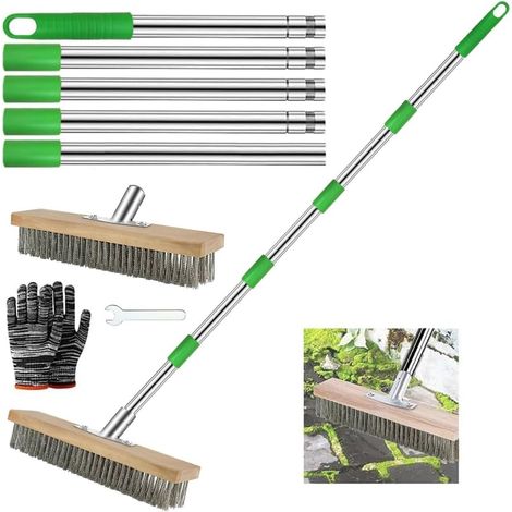 Balai Brosse Metallique avec Manche 190cm, Balai Métallique 30 cm, Brosse à Poils Métalliques Rigides pour Enlever Les Algues De Mousse De Mauvaises Herbes Terrasse (1/5)