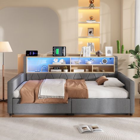 Lit banquette 140x200 cm avec coffre de rangement hydraulique, LED, prises USB et USB-C, tête de lit rembourrée, structure en lin et MDF - Gris (1/5)