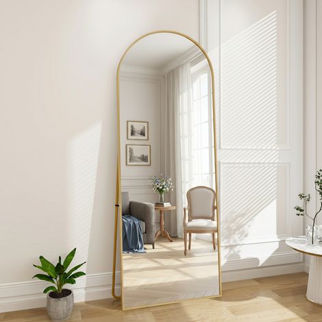 Miroir sur pied, miroir sur pied arqué lisse, l.77 x H.177 cm, peut être fixé au mur ou posé au sol, avec cadre, support réglable, Doré (1/5)