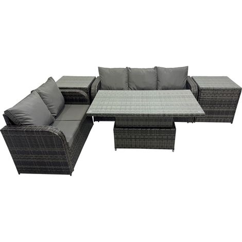 Fimous Rattan Garden Furniture Dining Set 5-seater Patio Height Adjustable Rising Lifting Table Sofa Set with 2 Side Table Dark Grey Mixed (1/5)