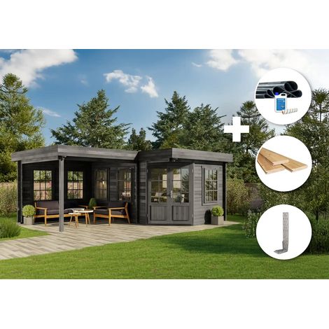 Alpholz ECO Set - Gartenhaus 5-Eck Pepe -grau Gartenhaus aus Holz in Grau, Holzhaus mit 40 mm Wandstärke Blockbohlenhaus (1/4)