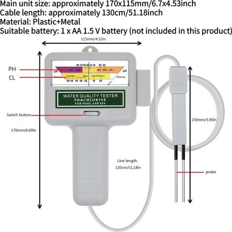 Accessoires de piscine (Carré) Appareil de mesure du pH et du chlore professionnel (Cl2) avec sonde pour piscines et spas – Testeur de qualité de l'eau (1/5)
