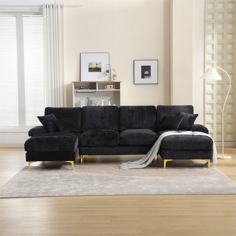 Canapé d'angle 4 places, 272x136x88cm,Grand canapé en forme de U, moderne, en tissu chenille, noir (1/5)