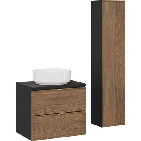 Set SAVIA: mobile sottolavabo 60cm + lavabo bianco rotondo da appoggio + colonna di stoccaggio