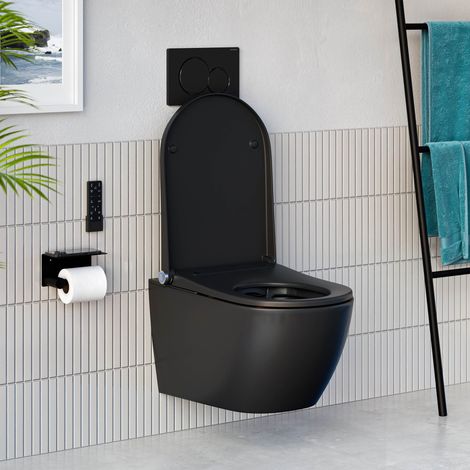 BERNSTEIN - Pack WC japonais PREMIUM 1102 + Bâti-support Geberit, Toilettes suspendu lavant + Télécommande - 38x59x38cm - Plaque Noir Brillant (1/5)