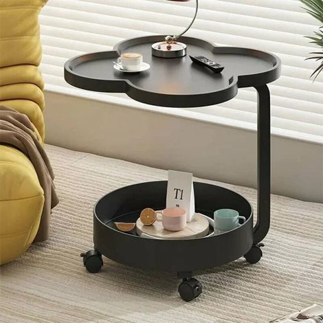 TRADE SHOP - Tavolino Multifunzionale A 2 Livelli Con Ruote Bordo Rialzato Design Moderno Minimalista - Nero (1/2)